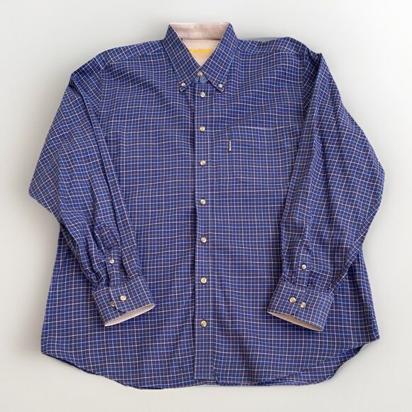 Barbour Mens Large Country Check Shirt Navy Blue Tan Plaid Cotton Corduroy Cuffs - Picture 1 of 14
